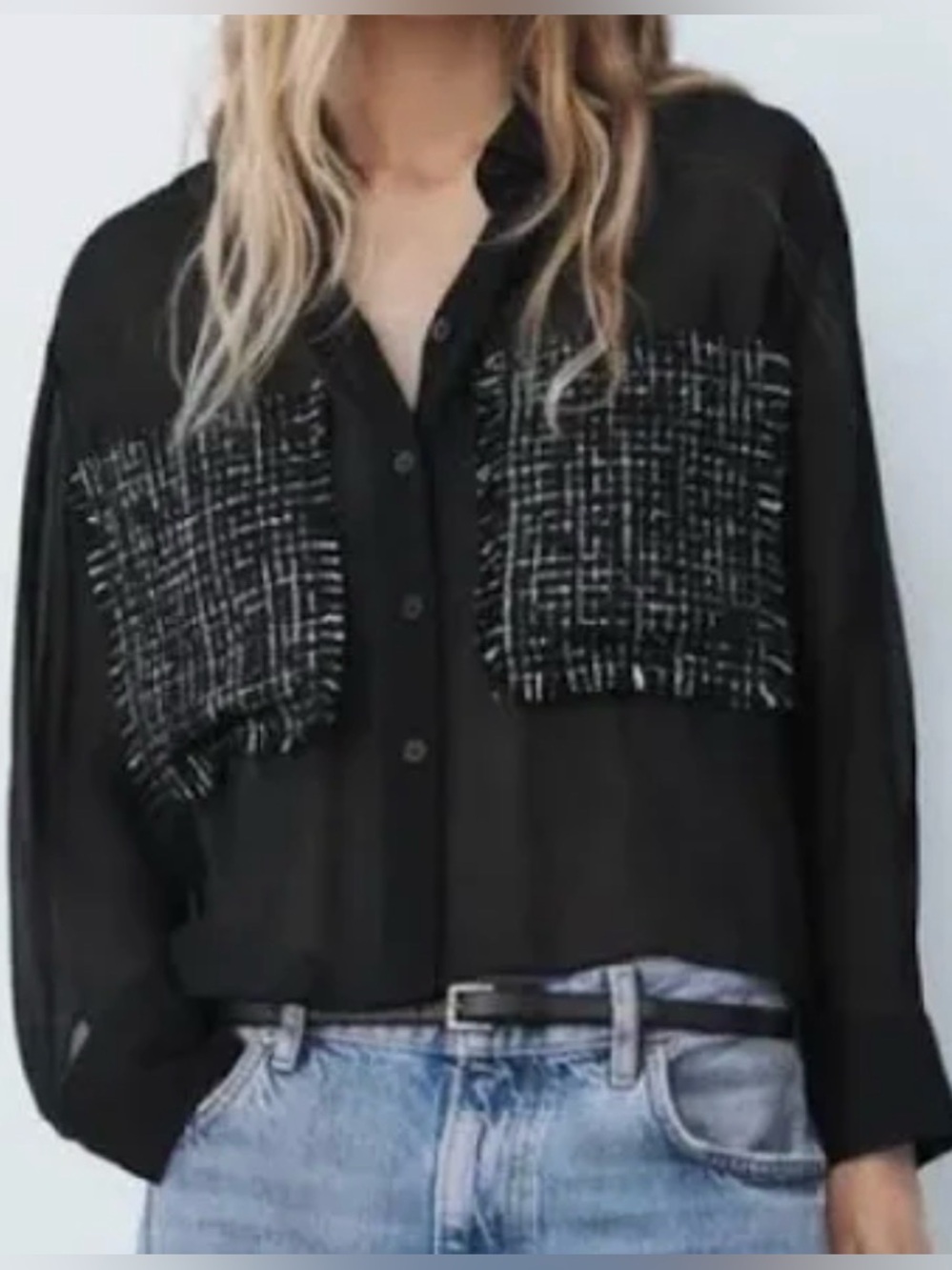 Zara NWT Black Button-Front Shirt with Houndstooth Tweed Textured Detail.